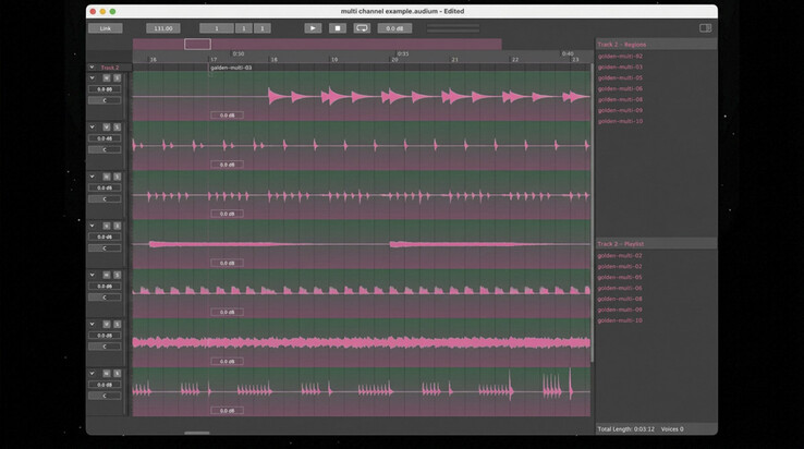 Audionaut prend en charge le montage audio multipiste, avec plusieurs régions audio affichées ici dans la chronologie de l’application.