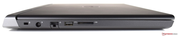 Côté gauche : verrou de sécurité Noble, adaptateur secteur, Ethernet gigabit, USB 3.1, lecteur de carte SD.