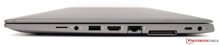 Côté droit : emplacement pour carte micro SIM, prise jack écouteurs / micro, USB A 3.1 Gen 1, HDMI v1.4b, Ethernet RJ45, port pour station d'accueil, USB C Thunderbolt, entrée secteur.