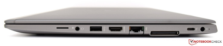 Côté droit : emplacement pour carte micro SIM, prise jack écouteurs / micro, USB A 3.1 Gen 1, HDMI v1.4b, Ethernet RJ45, port pour station d'accueil, USB C Thunderbolt, entrée secteur.