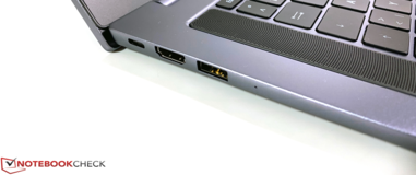 Côté gauche : USB C (charge, transfert de données, et DisplayPort Alt), HDMI, USB-A (3.2 Gen 1).
