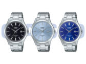 De gauche à droite (photo) : Casio MTS-115D-1AV, MTS-115D-2A2V et MTS-115D-2A1V. Il existe deux autres modèles, qui ne figurent pas sur cette image. (Source de l'image : Casio - Edited)