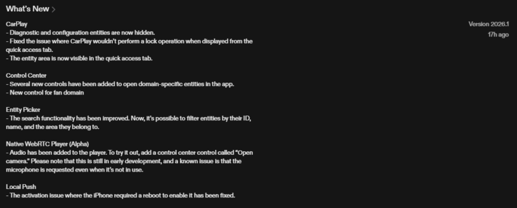 Le journal des modifications de l'application iOS Home Assistant version 2026.1. (Source de l'image : capture d'écran de Apple App Store)