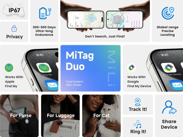Le MiTag Duo est l'un des rares traceurs Bluetooth compatibles avec les réseaux Find My de Apple et Find My Device de Google. (Source de l'image : MiLi)