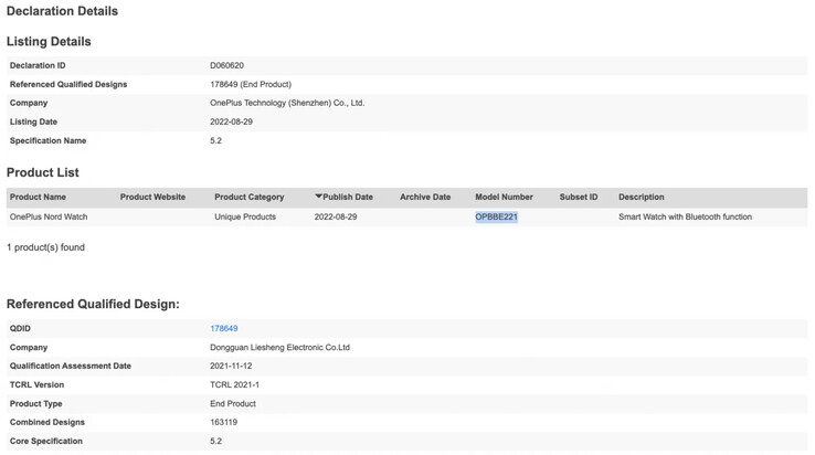 Le nouvel enregistrement de la OnePlus Nord Watch. (Source : Bluetooth SIG)