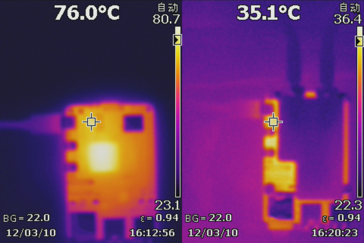 Température du circuit imprimé avec et sans le refroidisseur de liquide (Image source : Seeed Studio)