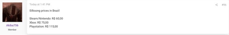 Prix du PlayStation Store de Silksong par rapport aux autres plateformes (Source de l'image : capture d'écran, Akiba756@ResetEra forums)