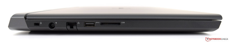 Côté gauche : verrou de sécurité Noble, entrée secteur, Ethernet gigabit, USB 3.1, lecteur de carte SD.
