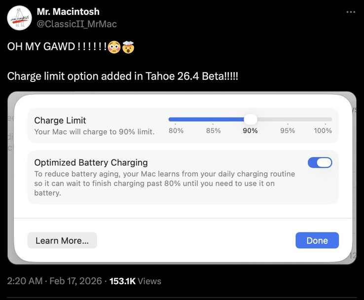 macOS 26.4 Tahoe semble avoir ajouté la prise en charge des limites de charge.