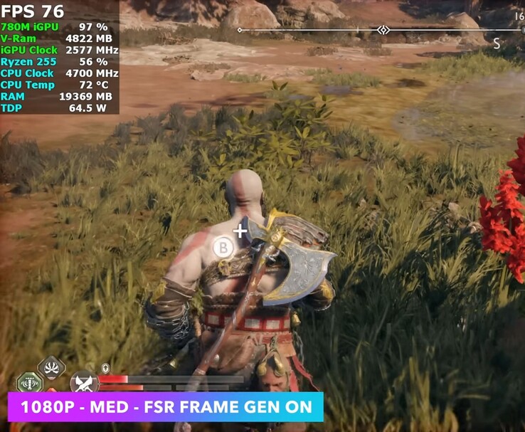 God of War Ragnarök tournant en 1080p moyen avec FSR Frame Generation sur le Minisforum X1 Lite utilisant la Radeon 780M iGPU (Image source : ETA Prime via YouTube)