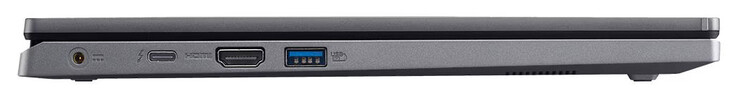 côté gauche : connexion d'alimentation, Thunderbolt 4 (USB-C ; Power Delivery, DisplayPort), HDMI, USB 3.2 Gen 1 (USB-A)