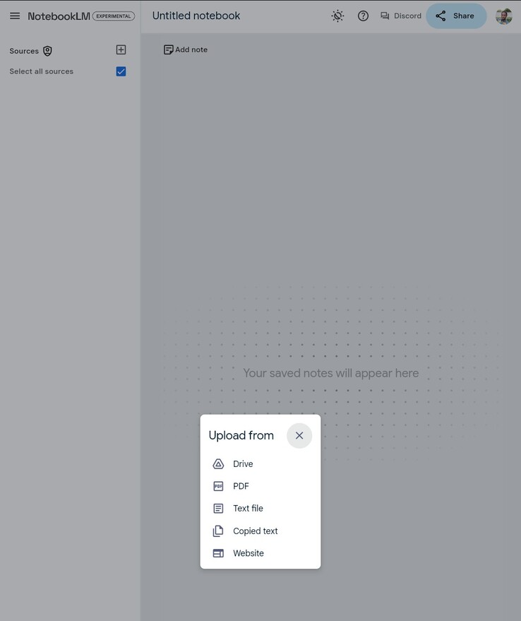 NotebookLM accepte les documents Google, les diapositives, les fichiers texte, les textes copiés et les URL de sites web comme source (Source : Google)