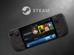 Valve Steam Deck LCD montré sous le logo Steam (Image source : Valve avec modifications)