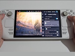 Vue de face du Deck Steam avec Elden Ring en cours d'exécution sur le côté gauche de l'écran et les paramètres du plug-in Lossless Scaling visibles sur la droite, y compris le multiplicateur de FPS, l'échelle de débit et les bascules du mode de performance. (Source de l'image : Deck Wizard/YouTube)