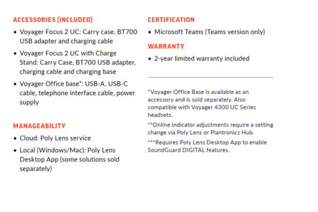 Poly Voyager Focus 2 - Spécifications - suite (Source : Poly)