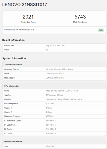 Intel Core Ultra 5 236V score Geekbench (image source : Geekbench)