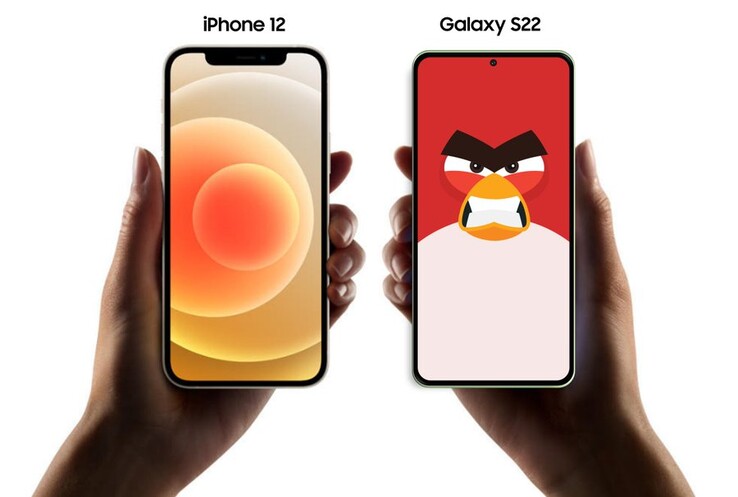 Un rendu de la face avant de "Galaxy S22 " avec un iPhone 12 pour comparaison. (Source : Ice Universe via Twitter)