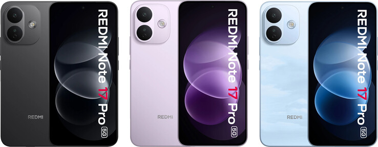 Vue de face et options de couleur du Redmi Note 17 Pro 5G