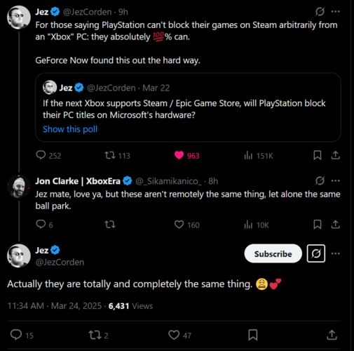 Jez Corden X post on Sony blocking PC ports (Image source : screenshot, Jez Corden X account)