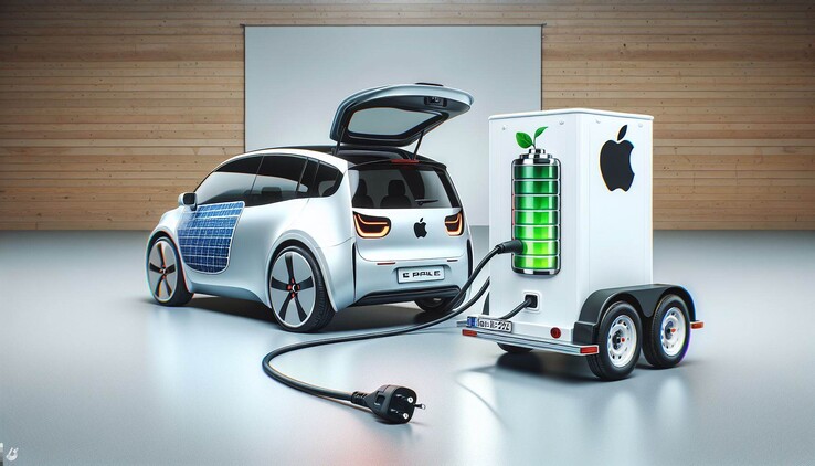 Un rendu d'IA d'une voiture Apple avec un système de batterie autonome. (Image : Dall-E 3)
