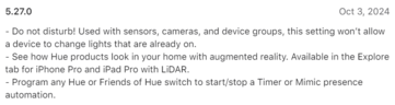 Le journal des modifications de la version 5.27.0 de l'application Philips Hue (Source : Philips Hue)