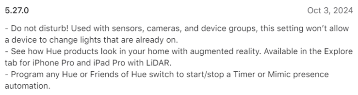 Le journal des modifications de la version 5.27.0 de l'application Philips Hue (Source : Philips Hue)