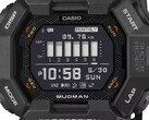 Montre Casio G-Shock Mudman GDG-B100 avec affichage numérique rouge et blanc devant un paysage montagneux escarpé.
