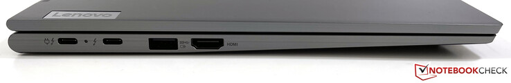 À gauche : 2x Thunderbolt 4 (40 Gbps, DisplayPort Alt-Mode 1.4, Power Delivery 3.0), USB-A (3.2 Gen.1), HDMI 2.0