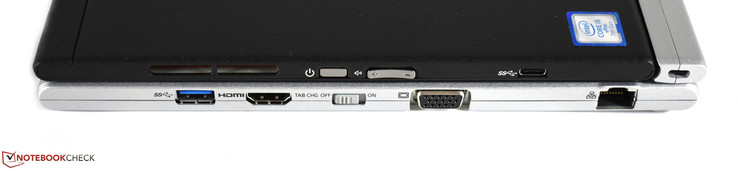 Côté droit : USB A 3.0, HDMI, bascule graphique, VGA, USB C 3.1 Gen 1 (sur la tablette), Ethernet, verrou de sécurité Kensington.