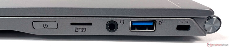 A droite : 1x lecteur de carte micro SD, 1x prise audio combo, 1x USB 3.2 Gen 2 (Type-A), 1x verrou Kensington
