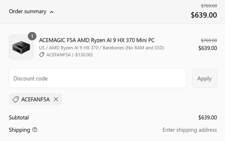 Prix du barebone F5A avec le code de réduction appliqué (Image source : Acemagic)