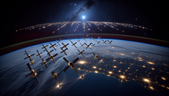 Constellation de satellites Starlink sur une orbite terrestre basse (Source de l'image : générée à l'aide de DALL-E 3)