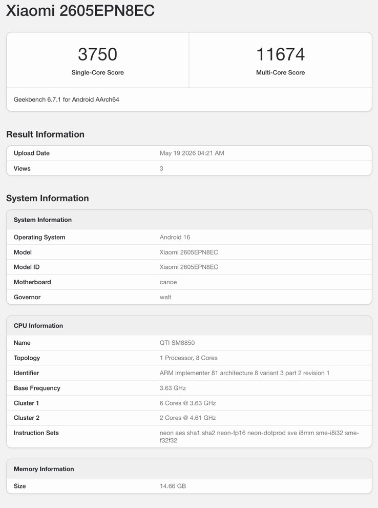Liste Geekbench du présumé Xiaomi 17 Max.