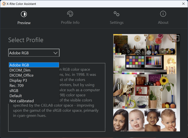 Sélectionnez parmi les profils de couleur prédéfinis via le logiciel X-Rite Color Assistant. Certains profils peuvent être mieux calibrés que d'autres