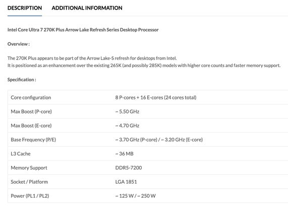 Spécifications du processeur de bureau Intel Core Ultra 7 270K Plus. (Source de l'image : PrimeABGB)
