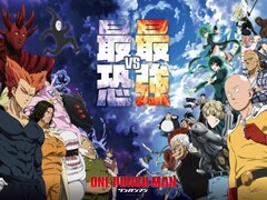 Affiche promotionnelle de l&#039;anime One Punch Man, mettant en scène Saitama, Genos et d&#039;autres héros sur le côté droit affrontant de puissants méchants et monstres sur le côté gauche, sur fond de ciel dramatique. (Source de l&#039;image : One Punch Man)