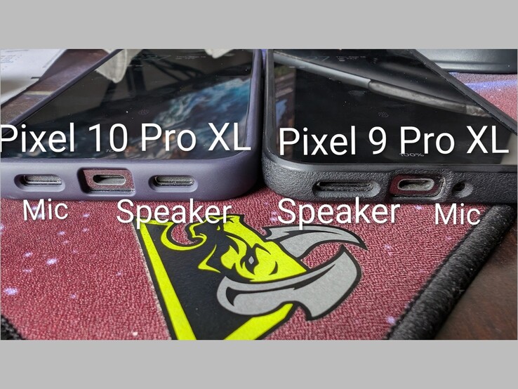 Comparaison entre l'emplacement du haut-parleur et du micro du Pixel 10 Pro XL et du Pixel 9 Pro XL. (Source de l'image : Artem Russakovskii sur X)