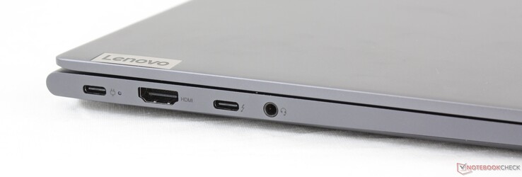 Côté gauche : USB C avec DisplayPort, HDMI, USB C + DisplayPort, prise jack (version Intel, la version AMD n'a pas le logo Thunderbolt 3 à côté de l'USB C).