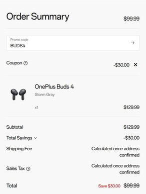 Le prix de la Buds 4 avec le code promo appliqué (Image source : OnePlus)
