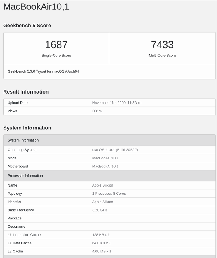 Le Geekbench 5 scores du nouveau M1 MacBook Air. (Image via Geekbench)