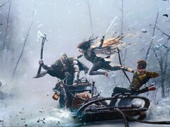 Rendu artistique de Kratos et Atreus combattant Freya dans God of War Ragnarok.