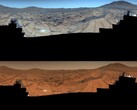 Image prise par le rover Persévérance. L'image du haut est améliorée tandis que l'image du bas a les couleurs originales (Source de l'image : NASA, JPL-Caltech, ASU, et MSSS ; édité)