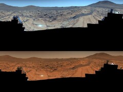 Image prise par le rover Persévérance. L'image du haut est améliorée tandis que l'image du bas a les couleurs originales (Source de l'image : NASA, JPL-Caltech, ASU, et MSSS ; édité)