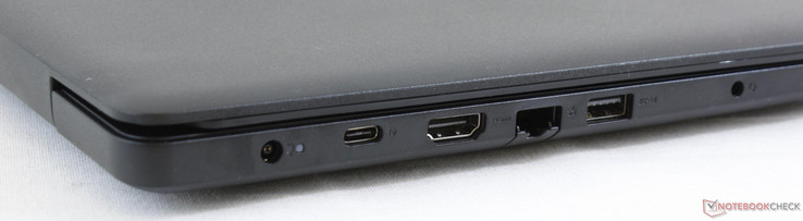 Côté gauche : entrée secteur, USB C 3.1 avec DisplayPort, HDMI 1.4, RJ-45, USB 3.0, combo audio 3,5 mm.