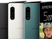 Les photos de presse du Sony Xperia 5 IV montrent quelques spécifications clés du téléphone compact sur l'écran. (Image source : 91Mobiles/Sony - édité)