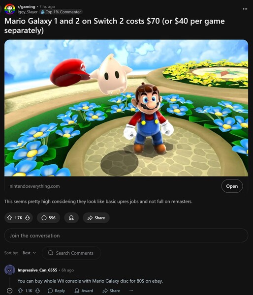 Débat sur les prix de Super Mario Galaxy et Super Mario Galaxy 2 sur Switch (Source de l'image : capture d'écran, Iggy_Slayer@Gaming subreddit)