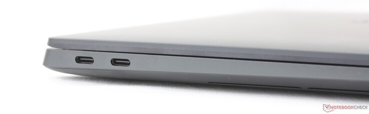 À gauche : 2x USB-C 4.0 avec Thunderbolt 4 (40 GBit/s, mode DisplayPort-ALT, Power Delivery)