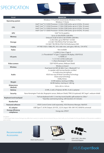 Asus ExpertBook B9 - Spécifications. (Source : Asus)