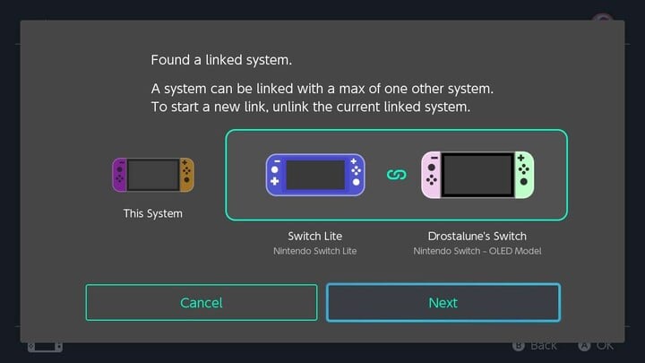 Écran de la Nintendo Switch affichant un avertissement indiquant qu'une console ne peut être liée qu'à une seule autre console pour le partage de cartes de jeu virtuelles, ce qui oblige l'utilisateur à dissocier la console actuellement liée pour commencer une nouvelle liaison.