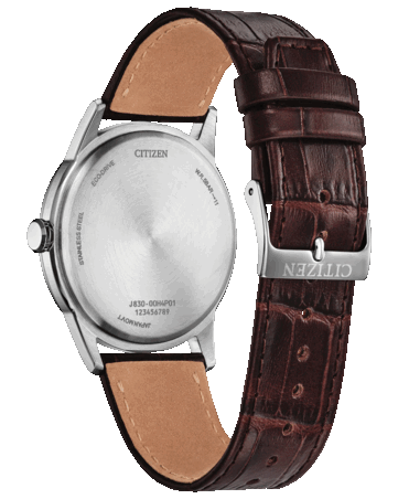 Vue arrière de la Citizen Rolan AW2110-14Z, mettant en valeur son fond de boîtier en acier inoxydable et son bracelet en cuir marron doté d'une boucle griffée.